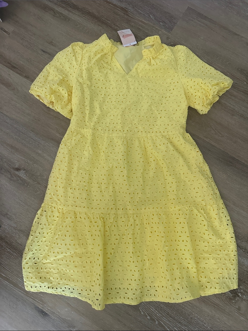 Womens Yellow Eyelet Tiered Dress puff sleeve